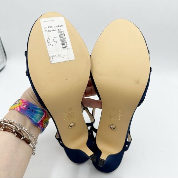 Nina Navy Blue Satin Blossom Slingback Crystal Open Toe Evening Sandal Prom 8.5 - Picture 12 of 14